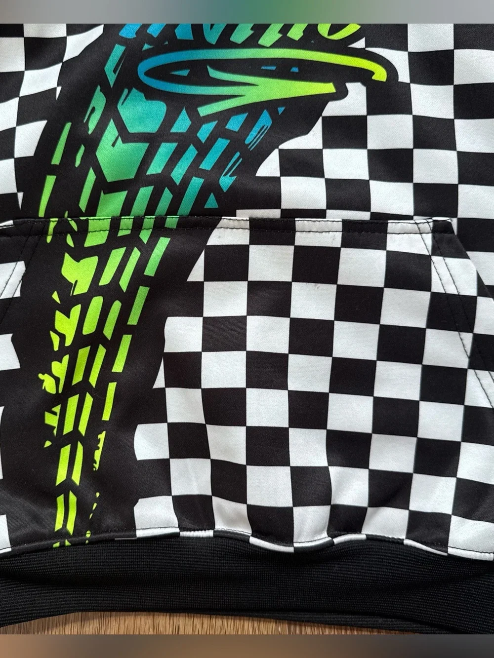 Checkerboard Hooded Sweatshirt with Neon Script CMIT Bike Catch Me in Traffic